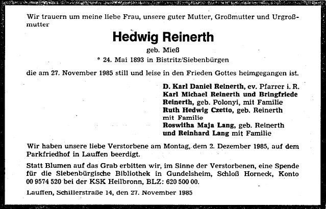 Miess Hedwig 1893-1985 Todesanzeige